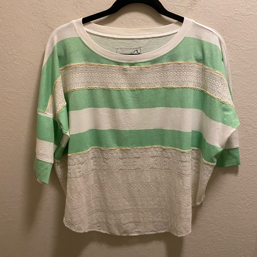 Free People We The Free Mixed Media Green & White Striped Lace Top Size XS